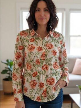 Joie Cream Button-Down Shirt with Orange Floral Print
